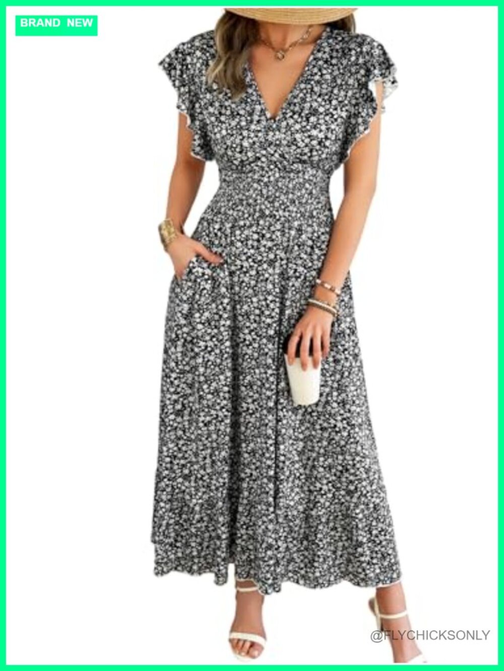Flowy Floral Maxi Dress with Pockets - 95% Polyester 5% Spandex - Picture 1 of 6